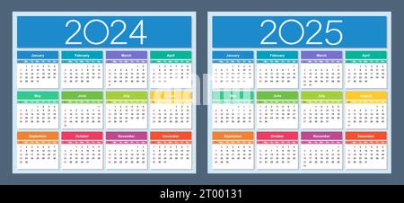 Farbenfroher Kalender für 2024 und 2025 Jahre. Die Woche beginnt am Sonntag. Isolierte Vektordarstellung. Stock Vektor