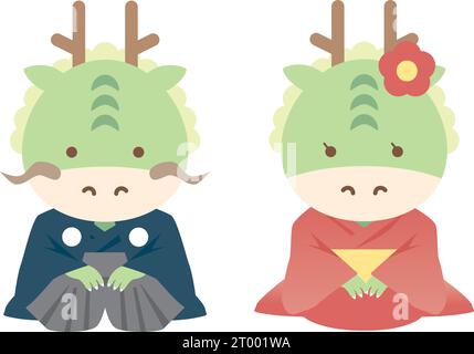 Zwei Drachen tragen Kimono und sitzen Seiza. Neujahrskartenmaterial für das Jahr des Drachen. Stock Vektor