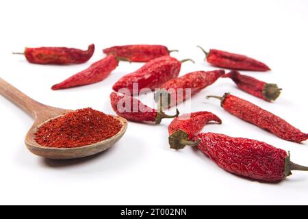 Nahaufnahme von Paprika und Pfefferpulver. Stockfoto