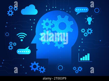 Künstliche Intelligenz Roboter hat ein Zahnrad in der Bedeutung. Der Arbeitsprozess des Systems der künstlichen Intelligenz, der zur Arbeit beiträgt und auch hilft Stock Vektor