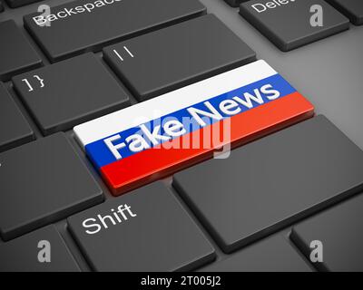 Ein Knopf auf der Tastatur mit der russischen Flagge und der Aufschrift Fake News. 3D-Rendering. Stockfoto