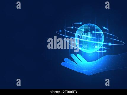 Geschäftsmann, der die ganze Welt hält, bezog sich auf Geschäftsleute, die Technologie zur Verwaltung des Unternehmens mitbringen. Lassen Sie das Unternehmen wachsen und Stock Vektor