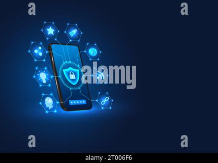 Smartphone-Technologie mit einer Abschirmung auf der Vorderseite Mobiltelefone verfügen über Datenschutztechnologie oder Angriffe auf die Datenvernichtung. Das ist eine Abschreckung Stock Vektor
