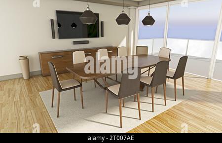 Esstisch und Stühle im Zimmer. 3D-Abbildung. Stockfoto