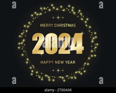 Grußkarte Happy New Year 2024. Schönes Web-Banner oder Plakat mit goldenem Text 2024. Hintergrund mit Glitzer, Schimmer. Vektor Stock Vektor