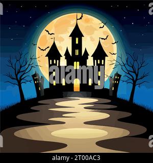 Halloween-Kürbisse auf der Straße und dunkle Burg auf blauem Mondhintergrund mit Fledermäusen, Vektordarstellung. Stock Vektor
