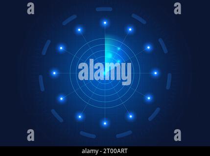 Hintergrund-Radar hat einen Kreis in der Mitte, um den es einen Schein gibt. Radar ist eine Technologie, die verwendet wird, um zu überwachen, was kommt. Sie kann im verwendet werden Stock Vektor