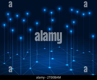 Abstrakte Hintergrundtechnologie drahtlose Verbindung und Datenübertragung in der Cyber-Welt verwenden geometrische Formen, um einen dunkelblauen Hintergrund zu verbinden Stock Vektor