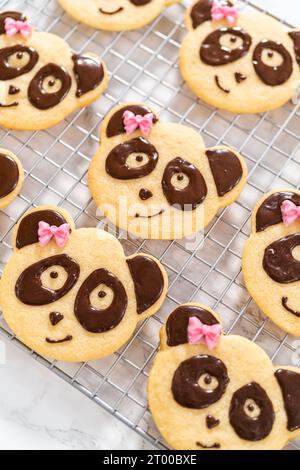 Panda-förmige Shortbread-Kekse mit Schokoladenglasur Stockfoto