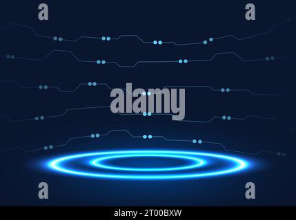 Das Podium befindet sich in der Mitte der Rückseite mit einem Loch in der Cyber-Schaltung. Ein Podium, das sich auf Technologieprodukte konzentriert, die modern und elegant aussehen Stock Vektor