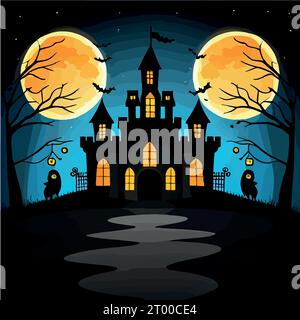 Halloween Szene Horror Hintergrund mit gruseligen Kürbissen von gruseligen halloween Spukhaus Evil Houseat Nacht mit Vollmond, Vektor Illustration Stock Vektor