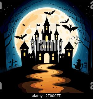 Halloween Szene Horror Hintergrund mit gruseligen Kürbissen von gruseligen halloween Spukhaus Evil Houseat Nacht mit Vollmond, Vektor Illustration Stock Vektor