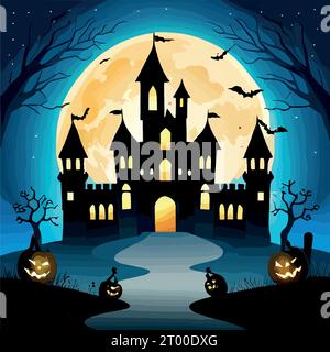 Halloween Szene Horror Hintergrund mit gruseligen Kürbissen von gruseligen halloween Spukhaus Evil Houseat Nacht mit Vollmond, Vektor Illustration Stock Vektor