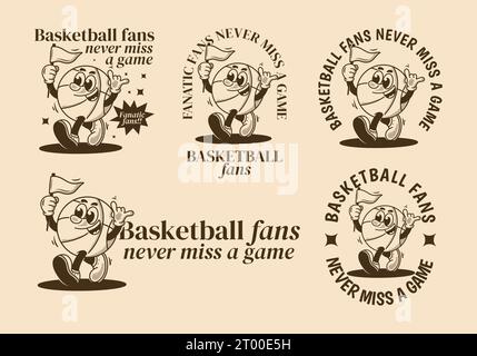 Basketballfans, verpassen Sie nie ein Spiel. Retro-Maskottchenfigur eines Basketballballs, der eine Dreiecksfahne hält Stock Vektor