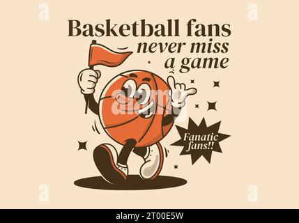 Basketballfans, verpassen Sie nie ein Spiel. Retro-Maskottchenfigur eines Basketballballs, der eine Dreiecksfahne hält Stock Vektor