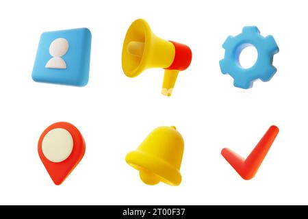 3D-Symbole für digitales Marketing. Social-Media-Elemente, Online-Kommunikationssymbole, realistischer Zeichentrickstil, Tag, gelbe Glocke, Zahnrad, Megaphon und Stock Vektor