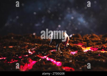 Elefant spaziert auf brennender Lava. Kreative Landschaft mit einer kleinen Miniatur. Naturkatastrophen, das Ergebnis der globalen Erwärmung. Stockfoto