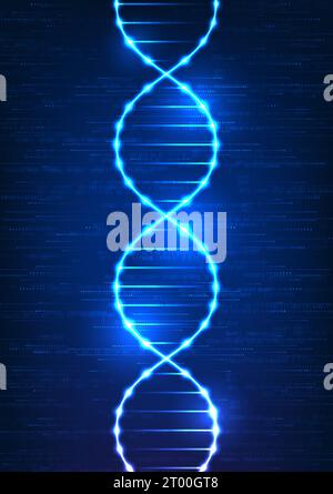 Entdecken Sie die Wunder der Medizintechnik durch ein fesselndes DNA-Hintergrundbild. Tauchen Sie ein in die komplizierte DNA-Struktur vor einem dunkelblauen Hintergrund, laut Stock Vektor