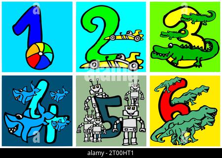 Handgemalte Zahlen für Jungen und Mädchen. Die Kinder und Kleinkinder können spielerisch Mathematik lernen oder auf den Bildern Farbe geben, 1 2 3 4 5 6 Stockfoto
