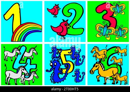 Handgemalte Zahlen für Jungen und Mädchen. Die Kinder und Kleinkinder können spielerisch Mathematik lernen oder auf den Bildern Farbe geben, 1 2 3 4 5 6 Stockfoto