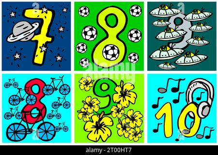 Handgemalte Zahlen für Jungen und Mädchen. Die Kinder und Kleinkinder können spielerisch Mathematik lernen oder auf den Bildern Farbe ablegen, 7 8 9 10 Stockfoto