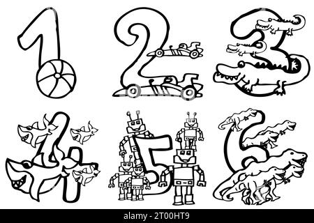 Handgemalte Zahlen für Jungen und Mädchen. Die Kinder und Kleinkinder können spielerisch Mathematik lernen oder auf den Bildern Farbe geben, 1 2 3 4 5 6 Stockfoto