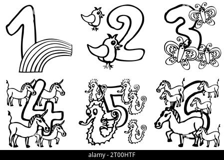 Handgemalte Zahlen für Jungen und Mädchen. Die Kinder und Kleinkinder können spielerisch Mathematik lernen oder auf den Bildern Farbe geben, 1 2 3 4 5 6 Stockfoto