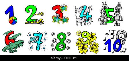 Handgemalte Zahlen Kinder, Kleinkinder können Mathematik oder Farbe in den Bildern lernen, Dinosaurier, Blumen, Kopfhörer, Schmetterlinge, 1 2 3 4 5 6 7 8 9 10 Stockfoto
