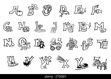 Handgemaltes buntes Alphabet mit Tieren, lernen abc-Buchstaben, Schreiben, Lesen auf Deutsch und Englisch: Apple beginnt mit A in beiden Sprachen Stockfoto