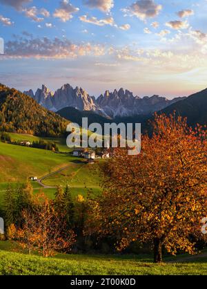 Herbstabend Santa Magdalena berühmte Italien Dolomiten Dorf Blick vor den Geisler oder Geisler Dolomiten Bergfelsen. Stockfoto