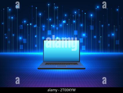 Computertechnik es ist eine Vektorillustration mit blauen Tönen auf dem Hintergrund als große Datenlinien. Bezieht sich auf Computertechnologie, die bei W hilft Stock Vektor