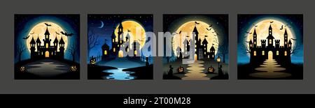 Banner Set Halloween Nacht Hintergrund, Kürbisse und dunkle Burg Silhouette im Hintergrund des Vollmondes mit fliegender Maus. Vektordarstellung. Stock Vektor