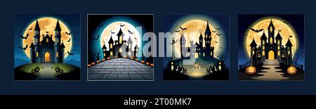 Banner Set Halloween Nacht Hintergrund, Kürbisse und dunkle Burg Silhouette im Hintergrund des Vollmondes mit fliegender Maus. Vektordarstellung. Stock Vektor