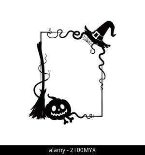 Gruseliger schwarzer Rahmen für Halloween-Feiertage mit Silhouetten aus Spinnennetz, Hexenhut und Besenstiel, Jack-Laterne Gesicht, Weinstock und Knochen. Isolierte Vektordekoration rechteckige Borte oder Vignette mit gruseligen Dekor Stock Vektor