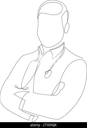 Durchgehende einzeilige Darstellung der Position des Arztes mit gekreuzten Armen auf der Brust. Das Konzept der Mitarbeiter des medizinischen Gesundheitswesens wird in einer Linie gezeichnet. Vect Stock Vektor