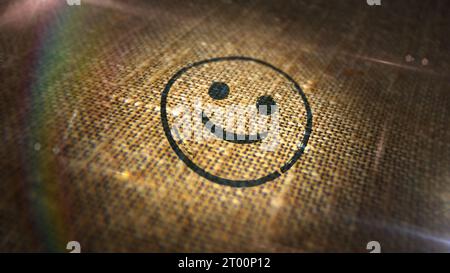 Smiley Emoticon Symbol Stempel gedruckt auf Leinensack. Smile Emoji-Konzept. Stockfoto