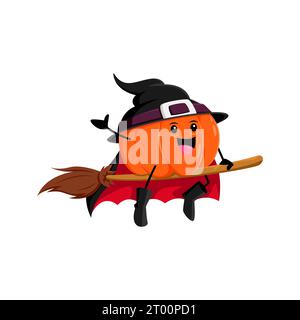 Die Halloween-Kürbis-Hexenfigur schwingt auf Besen durch den Himmel, zaubert zauberhafte Zauber und beeilt sich zum Weihnachtszirkel. Isolierte Vektorhag oder Zauberer, die auf treuen Besen reiten Stock Vektor