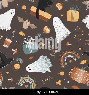 Gemütliches Herbst Halloween nahtloses Muster mit Kürbissen, schwarzer Katze, Geistern, Hexenhut, Büchern, Fledermaus und Regenbogen. Vektorhintergrund. Stock Vektor