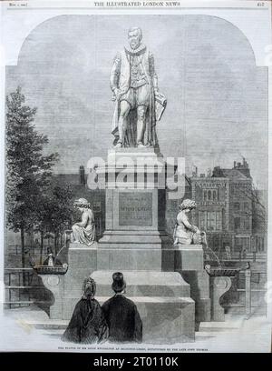 Statue von Sir Hugh Myddelton in Islington Green, London, England mit Gravur der Illustrated London News 1962 Stockfoto