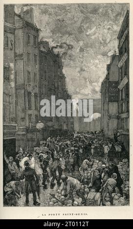 Dritter Teil (Tag 3), Kapitel VIII Porte Saint-Denis. Illustrator: Daniel Vierge. Gravierer: Quesnel. Illustration aus dem Histoire d’un Crime („die Geschichte eines Verbrechens“, geschrieben 1852) und Teil einer Reihe von Stichen, die in Victor Hugos „Oeuvres“ veröffentlicht wurden. 1879 erschienenes Buch in französischer Sprache von Eugène Hugues. Stockfoto