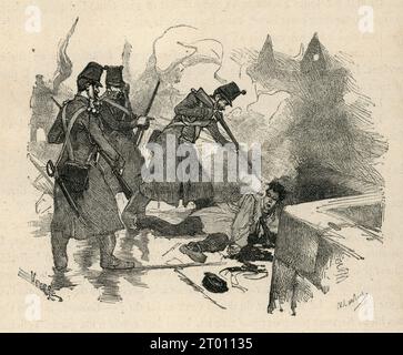 Vierter Teil (Tag 4), Kapitel V. auf der Stelle getötet. Illustrator: A. Marie. Illustration aus dem Histoire d’un Crime („die Geschichte eines Verbrechens“, geschrieben 1852) und Teil einer Reihe von Stichen, die in Victor Hugos „Oeuvres“ veröffentlicht wurden. 1879 erschienenes Buch in französischer Sprache von Eugène Hugues. Stockfoto