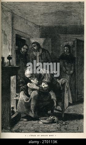 Vierter Teil (Tag vier), Kapitel I. Das Kind der Rue Tiquetonne. Illustrator: A. Marie. Illustration aus dem Histoire d’un Crime („die Geschichte eines Verbrechens“, geschrieben 1852) und Teil einer Reihe von Stichen, die in Victor Hugos „Oeuvres“ veröffentlicht wurden. 1879 erschienenes Buch in französischer Sprache von Eugène Hugues. Stockfoto