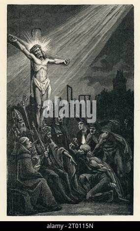 FEBRUAR 1871. V/ Gesetz der Formierung des Fortschritts. "Jesus ist nicht getötet worden." Illustrator: Léopold Flameng. Illustration aus „L’Année Terrible“ und Teil einer Reihe von Stichen, die in Victor Hugos „Oeuvres“ veröffentlicht wurden. Gefolgt von „La libération du Territoire“. 1879 erschienenes Buch in französischer Sprache von Eugène Hugues (Originalausgabe von 1872). Stockfoto