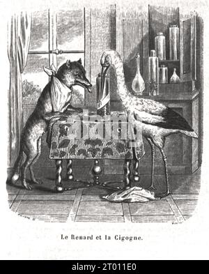 Le Renard et la Cigogne (der Wolf und der Storch) die Fabeln von La Fontaine, illustriert von Jean-Jacques Grandville. 19. Jahrhundert Stockfoto