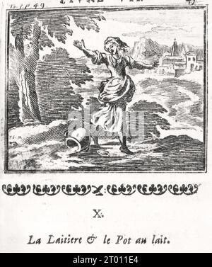 La laitière et le Pot au lait (die Milchmädchen und die Millk-bezahlte) die Fabeln von La Fontaine, illustriert von Francois Chauveau. 1668 Stockfoto