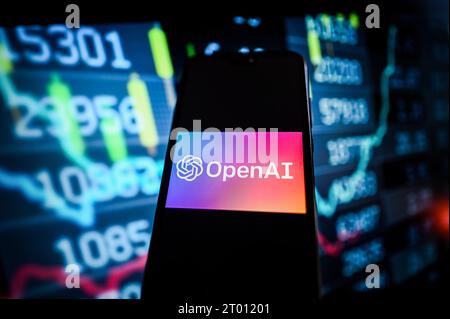 Polen. Oktober 2023. In dieser Fotoabbildung wird auf einem Smartphone ein OpenAI-Logo mit Aktienanteilen im Hintergrund angezeigt. (Foto von Omar Marques/SOPA Images/SIPA USA) *** ausschließlich für redaktionelle Nachrichten *** Credit: SIPA USA/Alamy Live News Stockfoto