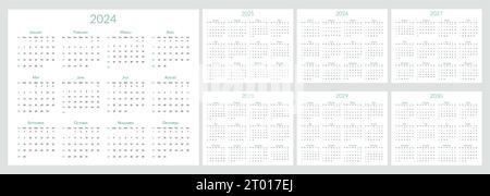 2024 2025 2026 2027 2028 2029 2030 Jahre Kalender. Die Woche beginnt am Sonntag. Tischplaner-Vorlage mit 12 Monaten. Jährliches Briefpapier-Tagebuch. Vektorabbildung Stock Vektor