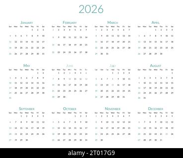 2026 year calendar. The week starts on Sunday. Desk planner template with 12 months. Yearly stationery diary. Vector illustration Stock Vektor