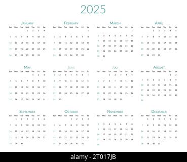 2025-Jahreskalender. Die Woche beginnt am Sonntag. Tischplaner-Vorlage mit 12 Monaten. Jährliches Briefpapier-Tagebuch. Vektorabbildung Stock Vektor