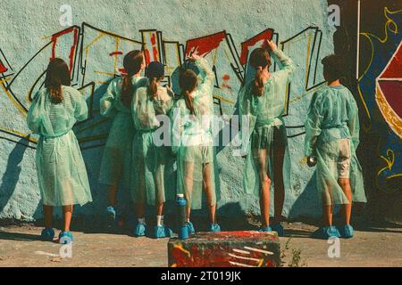 Well Protected School-Kids lernen während eines Workshops am Sonntagnachmittag im Mauerpark, wie man Graffiti kreiert. Berlin, Deutschland. Bild auf analogem, altem Kodak Film. Stockfoto